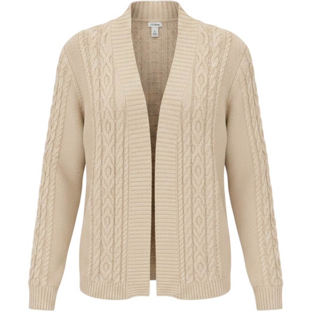 L.L.Bean Cardigan Women L Petite Beige Excellent Cable Knit Cotton 501533